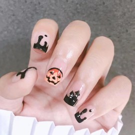 V231 Nail Tip, Nail Stickers, 24 Pieces, Short, Popular, Fashionable, Handmade, Reusable Spider Webs, Ghosts, Pumpkin, False Nails, Halloween, Cosplay, Costume, Coming-of-Age Ceremonies, Parties,