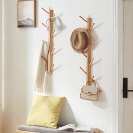 TIOPGHAD 2 Pack Coat Rack Vertical Wall Mount, Bamboo Coats Hooks Clothes Holder Hanger for Wall Coat Hat Jacket Clothing Bathroom Robes Mudroom Entryway(Natural)