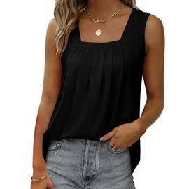 Ruffled Square Neck Tank Top for Women Pleat Curved Swing Tank Summer Tops Trendy Tee Casual Loose Fit Sleeveless Shirt(X-Large,Black)