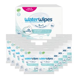 WaterWipes Sensitive+ On The Go Wipes, 100 Pack (10 Packs), 3-in-1 Cleans, Nourishes, Protects, 99.9% Water, Unscented Wet Wipes