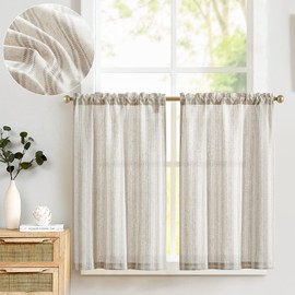 TOPICK Linen Striped Panel Curtains, Semi-Transparent Bistro Curtain, Sheer Curtain, Privacy Window Curtain for Small Windows, Kitchen, Bathroom, Living Room, Set of 2, 65 W x 90 H (cm) Grey on Beige