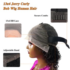 Damen-Perücke, natürlich, gelockt, 13 x 4 cm, HD, Spitze, kurz, Jerry Curl, Bob Wig, 180 % Dichte, lockig, Perücke, Damen, kurz, Schwarz, brasilianisches Echthaar, 30,5 cm