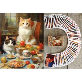 FLONZGIFT Pets Holiday Dinner Playing Cards (Poker Deck 54 Cards All Different) Cute Cats and Dogs Eating Birthday Dinner and Drinking Wine Vintage Illustration