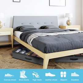 2 Pack Under Bed Shoe Storage Organizer for Closet, Fits Total 24 Pairs Foldable Underbed Shoes Containers Boxes Under the Bed Storage Bedding with Sturdy Handles&Clear Window for College Dorms, Grey
