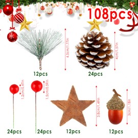 HYran Christmas pine cones, 108 pieces Christmas tree decorations, Christmas wreath decoration, advent wreath decoration, natural pine cones, red berries, acorns, pine needles, star made of birch bark