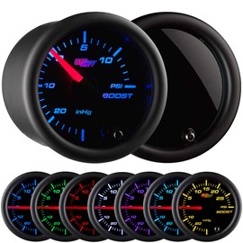GlowShift Tinted 7 Color 15 PSI Turbo Boost / Vacuum Gauge Kit - Includes Mechanical Hose & T-Fitting - Black Dial - Smoked Lens - for Cars - 2-1/16" 52mm
