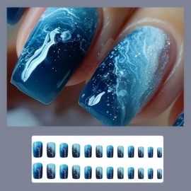 Rchovsam Medium Square Nails Press Ons Blue Press on Nails Blue Marble Designs False Nails Full Cover Artificial Acrylic Nails 24pcs-Deep Ocean Waves