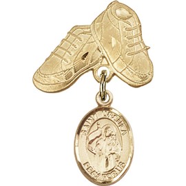 Gold Filled Baby Badge with St. Ursula Charm and Baby Boots Pin 1 X 5/8 inches