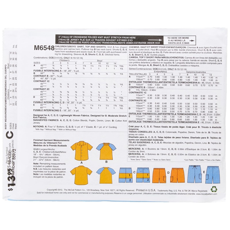 McCall's Patterns M6548 Size CCE 3-4-5-6 Children's/ Boys' Shirt, Top