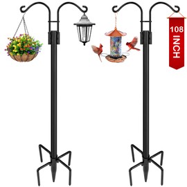 XDW-GIFTS Double Shepherds Hooks for Outdoor, 2-Pack Heavy Duty Garden Pole for Hanging Bird Feeder, Plant Baskets, Solar Light Lanterns, Garden Plant Hanger Stands with 5 Base Prongs