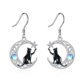 VONALA Moon Earrings 925 Sterling Silver Celtic Knot Moon Cat/Mushroom Dangle Drop Moonstone Earrings Animal Jewellery Birthday Gifts for Women Mother Wife Girls, Sterling Silver, Moonstone