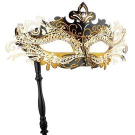 Hoshin Mask with Stick, Mardi Gras Deecorations Venetian Masks for Women (Black with Golden Line)