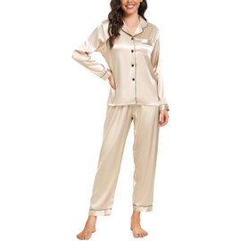 Vlazom Pyjamas for Women, Soft Satin Long Sleeve Pjs Set Two Piece Silk Pyjamas Classic Button Down Sleepwear Loungewear for All Seasons Champagne,L