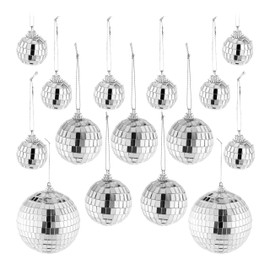 Relaxdays 15x Mini Disco Balls, in 3 Different Sizes, Ø 3-10 cm, Party Decoration for Hanging, Reflecting Light, Silver, Foam, 11 x 10 x 10 cm