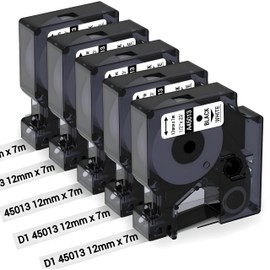 Double Dragon, 5-Pack Compatible Label Tape for Dymo D1 Tape 45013 a45013 S0720530, Black on White, 12mm x 7m, Refills Dymo LabelManager 160 210D 280 360D 420P 450 450D 500TS, Labelpoint 100 150 250