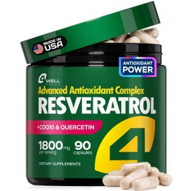 4Well Products Complejo de suplemento de resveratrol de 1800 mg COQ10, quercetina, vitamina E, ascorbato de calcio. Potente fórmula antioxidante para 