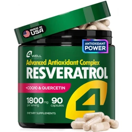 4Well Products Complejo de suplemento de resveratrol de 1800 mg COQ10, quercetina, vitamina E, ascorbato de calcio. Potente fórmula antioxidante para 
