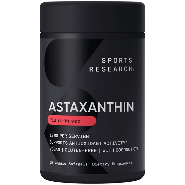 Sports Research Triple Strength Vegan Astaxanthin Supplement from Algae - Plant Based Softgels for Antioxidant Activity, Skin & Eye Health - Non-GMO Verified, Made with Coconut Oil - 12mg, 60 Count