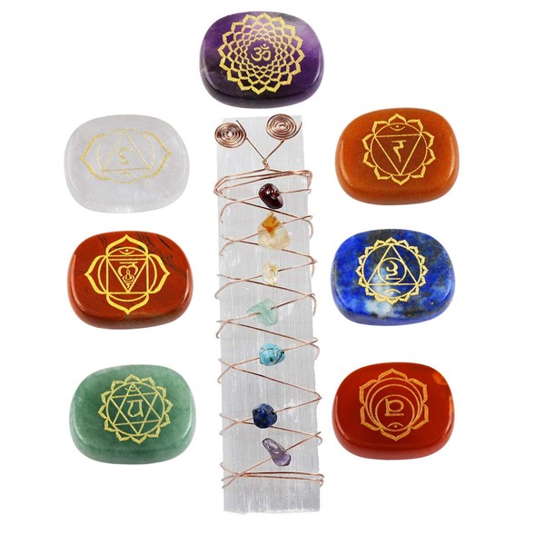 mookaitedecor Healing Crystals Set,7 Chakra Palm Stones & Crystal Selenite Wand Wire Wrapped Tumbled Chip Stone Kits for Reiki,Balancing