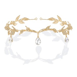 BABEYOND Diadema con diseño de hojas de vidrio, para novia, dama de honor, para la frente, con diamantes de imitación, para novia (dorado)