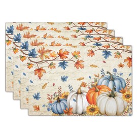 Fall Pumpkin Maple Leaf Placemats Set of 4 Vintage Rustic Autumn Thanksgiving Harvest Place Mats 12x18 Inch Seasonal Washable Table Mats for Party Kitchen Dining Decoration