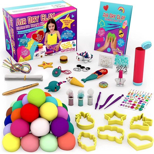 GirlZone Air Dry Clay Ultimate Craft Kit, Over 100 Piece Kids Modeling Clay Set, Air Dry Clay for Kids with No Baking Required, Arts and Crafts for Girls Age 3+ (Regular Size)