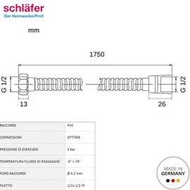 Schläfer 802590 Flexible Universal Stainless Steel Shower Hose with Universal Brass Connections G 1/2 Inch High Pressure Shower Hose 1.75 m
