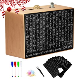 Large Money Saving Box,9.1 x 6.7 x 3.2 Inches,Wood Savings Challenge Box with 10 Targets $200 to $10000,Reusable Cash Savings Box for Kids and Adults,Natural