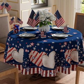 XCHI Stripe Stars Love Heart America Patriotic 4th of July Memorial Day Independence Day Tablecloth Round Washable Table Covers for Home Party Decorations 60x60 Inch