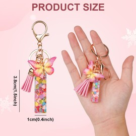 OSDUE Fashion Alphabet Initial Letter Keychain, Women Tassel Butterfly Pink Purple Cute Car Keyrin, Pink and Gold Resin Alphabet Keychain, Tassel Butterfly Pendant Key Ring for Wallet (J)