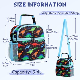 VASCHY Lunch Bag for Kids, Insulated Lunch Box Double Compartments Cooler Lunch Tote for Toddlers Boys Girls School/Daycare/Picnic Black Dinos