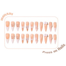 IMRAIN Long Press on Nails Stiletto Fake Nails White French Tips False Nails with Pearl & Bow Designs Gradient Glossy Glue on Nails Almond Artificial Acrylic Nails for Women 24Pcs