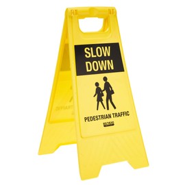 Slow Down Pedestrian Traffic Sign - Double-Sided, Fold-Out, Plastic, High-Visibility Yellow Outdoor Floor Signs - Road Safety for Crosswalks, Business Lots, Parking, and School Zones (Single)