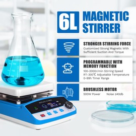 Cekegon 6L Magnetic Stirrer Hot Plate, 6.5' LCD Hot Plate Stirrer Max 520℉/300℃, 100-2000rpm Hot Plate with Magnetic Stirrer, Temp Probe Sensor Stand and Stirrer Bars Included
