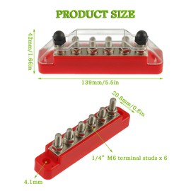 BOJACK 12V Bus Bar Mini6 x 1/4”(M6) Post,12 Volt Battery Power Distribution Block with Cover with Mounting Screws and Ring Terminals for Car Boat Marine Boat and Yachts(Black+Red)