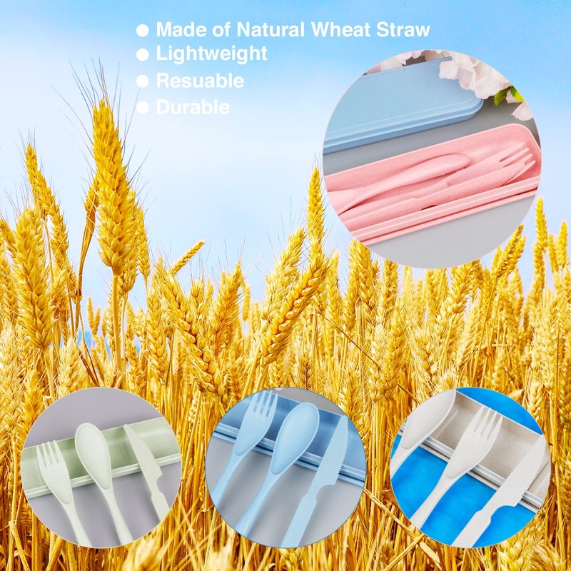 Reusable Travel Utensils Set with Case, 4 Sets Wheat Straw