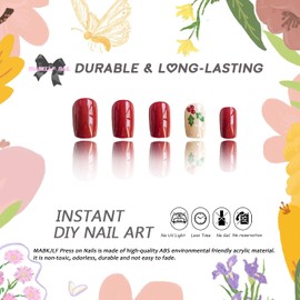 MABKJLF Red Square Winter False Nails with Mistletoe Designs - Full Cover Glossy Glue on Acrylic Nails for Women Girls - 24 Pcs