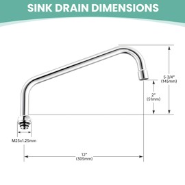 12” Swivel Swing Nozzle Spout for Commercial Kitchen Sink Faucet,Stainless Steel Add-on Spout Fits for 2 or 3 Bay Compartment Sinks, with Two 2.2gpm Aerator
