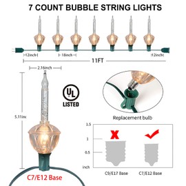 Christmas Bubble Lights, 2 Pack Christmas Traditional Silver Bubble Lights, 11ft Vintage Bubble Lights with 8 Silver Glitter Bubble Lights (1 Spare), UL Listed, C7/E12 Base, Green Wire