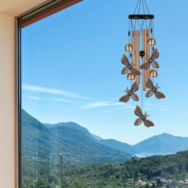 Bronze Bee Wind Chime, Gifts for Mom, Home, Garden, Balconies, Room, Patio, Indoor, Outdoor Bee Decoration, Bee Chimes, with 4 Aluminum Tubes 5 Bees Wind Chimes, Bee Wind Catcher, Bee Wind Bells Decor