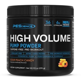 PEScience Polvo preentrenamiento con bomba de refuerzo de óxido nítrico de alto volumen, caramelo de melocotón agrio, 36 cucharadas, sin cafeína      