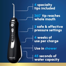 Waterpik Cordless Advanced 2.0 Water Flosser For Teeth, Gums, Braces, Dental Care With Travel Bag and 4 Tips, ADA Accepted, Rechargeable, Portable, and Waterproof, Black WP-582, Packaging May Vary