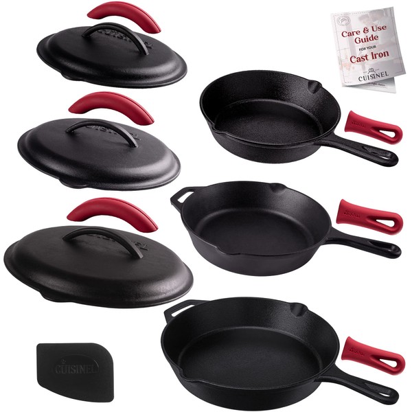 Cuisinel Cast Iron Skillets Set with Lids - 8"+10"+12"-inch Pre-Seasoned Covered Frying Pan Set + Silicone Handle and Lid Holders + Scraper/Cleaner - Indoor/Outdoor, Oven, Stovetop, Fire Safe Cookware