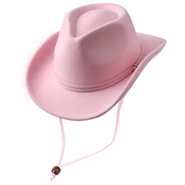DRESHOW Cowboy Cowgirl Hat for Boys Girls Classic Western Felt Fedora Belt Buckle Retro Panama Hats with Wind Lanyard Unisex Rolled up Caps for Kids 3-8 Years