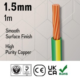 Primes DIY Single Core Conduit Cable 1.5mm Copper Wire Insulated PVC, Stranded Flexible Coil 6491X Electrical Wire, BASEC Approved – Yellow/Green Supplementary Earth (1 Meter), Home Improvement