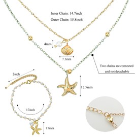 1 Pcs Shell Starfish Necklace and 1 Pcs Bracelet Adjustable Charm Jewelry Set for Women Seashells Beach Accessories Necklace Stack Pearl Chain Stainless Steel