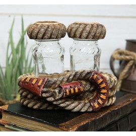 Ebros Gift Rustic Western Cowboy Braided Lasso Ropes Base Holder with Barn Ropes Topped Glass Salt and Pepper Shakers Sculpted Resin Figurine Set