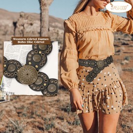 JasGood Wide Disc Belt for Women Leather Hollow Out Round Belt Western Cowgirl Belt Women's Concho Vintage Belt Boho Disc Leather Belt Adjustable Waist Belt for Dresses, Black (bronze buckle)