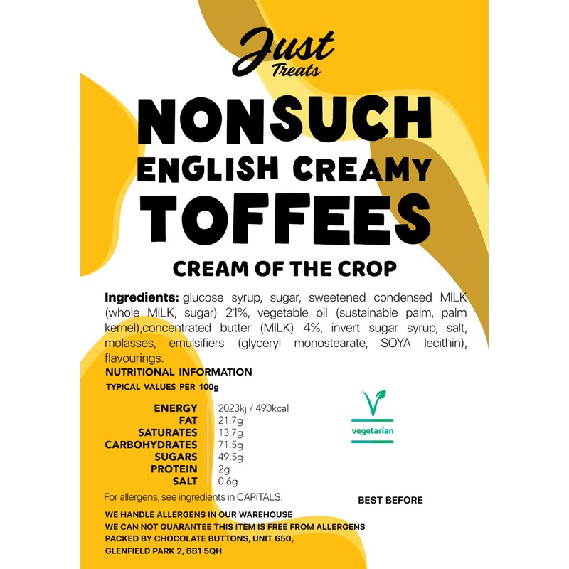 Just Treats Nonsuch English Creamy Toffees (500g Share Bag)