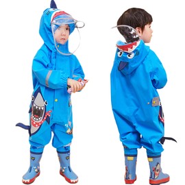 Fewlby - Traje de lluvia ligero e impermeable con capucha para niños pequeños, diseño de tiburón de dibujos animados, chamarra para la lluvia, 6-8 años, talla XL
